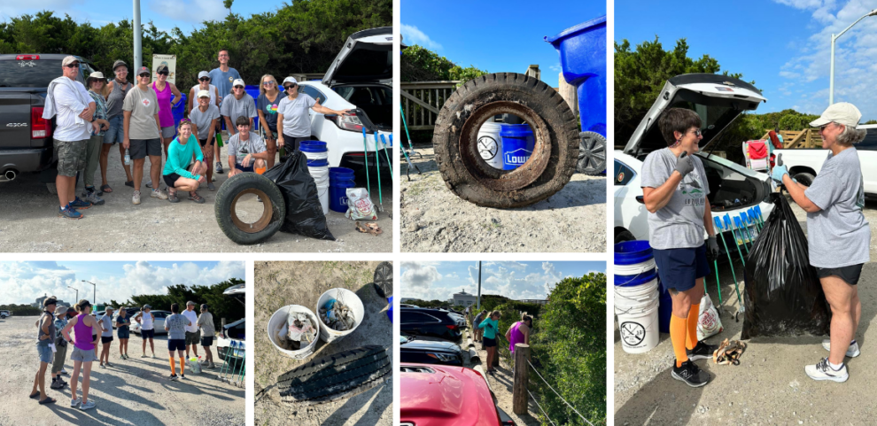 A collage of cleanup volunteers and collected litter.