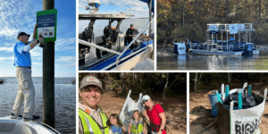 A photo of people participating in NCWF's post-Hurricane Helene cleanups on Lake Norman.