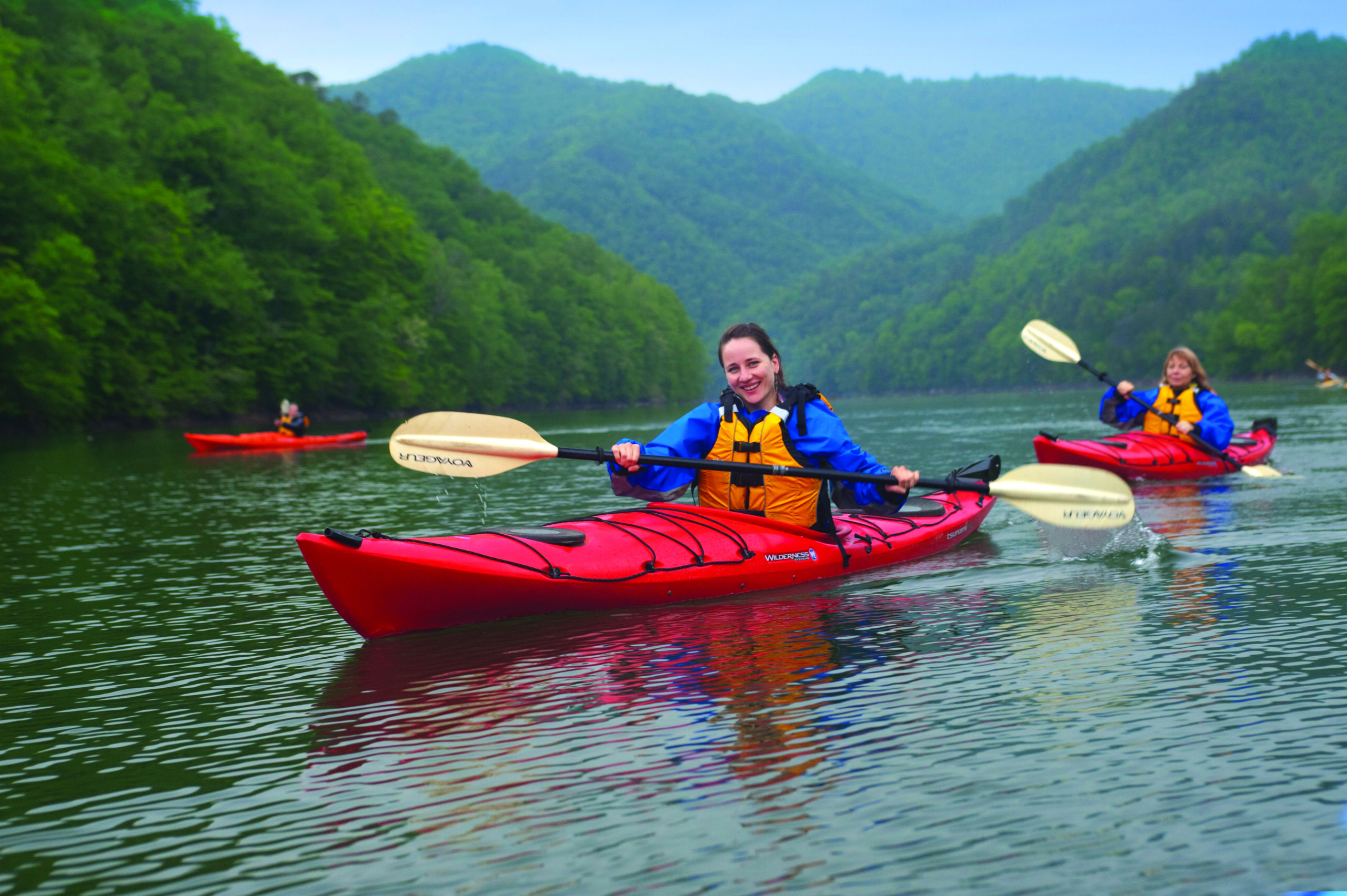 Kayakers paddling at Mountain Island Lake.