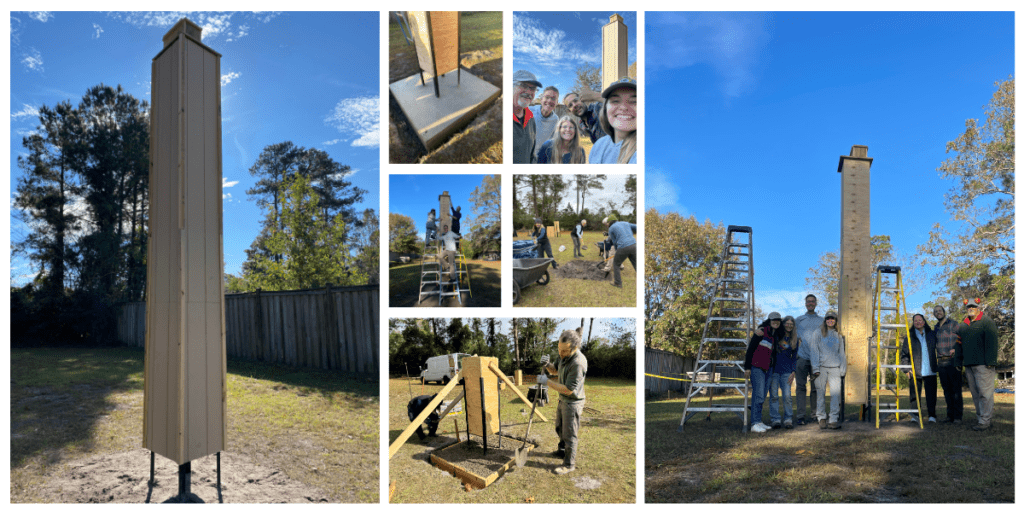 November 18, Chimney Swift Tower Installation at the Friends School of Wilmington: Staff and volunteers from NCWF, FSOW, and Audubon installed a 14’ Chimney Swift tower at the Longleaf Education Center at the Friends School of Wilmington. Project funding provided by Duke Energy and the Women’s Impact Network.