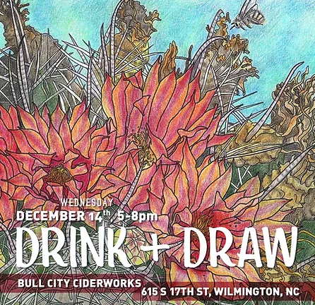 Drink and Draw event logo depicting pink chrysanthemums rendered with colored pencils
