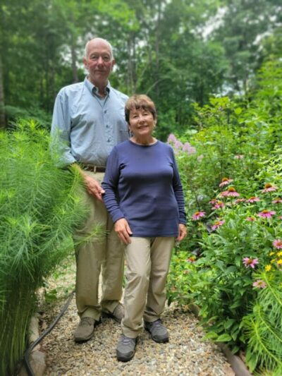 Charlie Shaw Society donors Pat (right) and Gene Holder dedicated their property as habitat for wildlife. The couple keeps the trees, leaves the leaves and habitually nurses a lush pollinator garden.