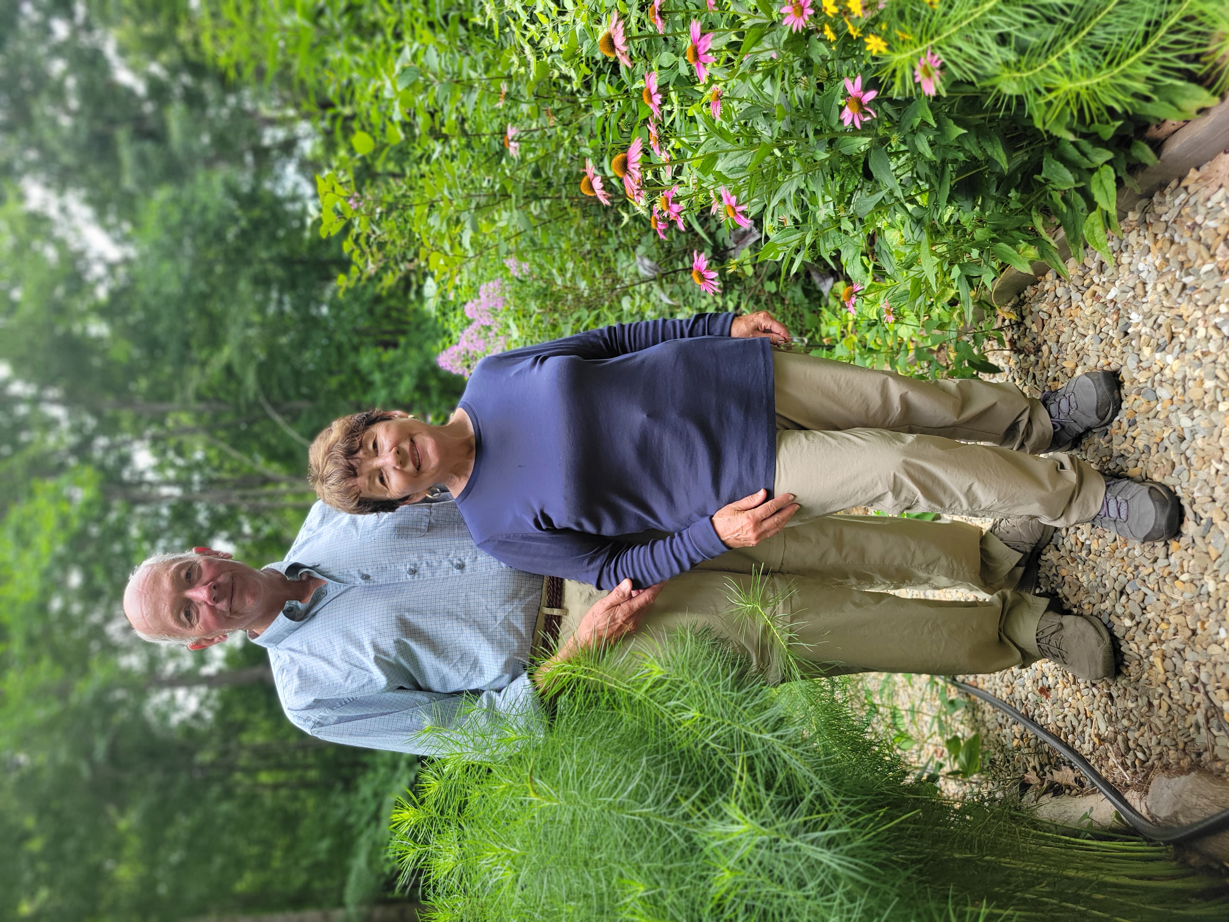 Charlie Shaw Society donors Pat (right) and Gene Holder dedicated their property as habitat for wildlife. The couple keeps the trees, leaves the leaves and habitually nurses a lush pollinator garden.