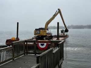 A photo of construction equipment modifying Patriot Pier.