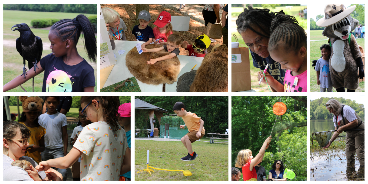 A collage of kids and famlies enjoying Kids in Nature Day.