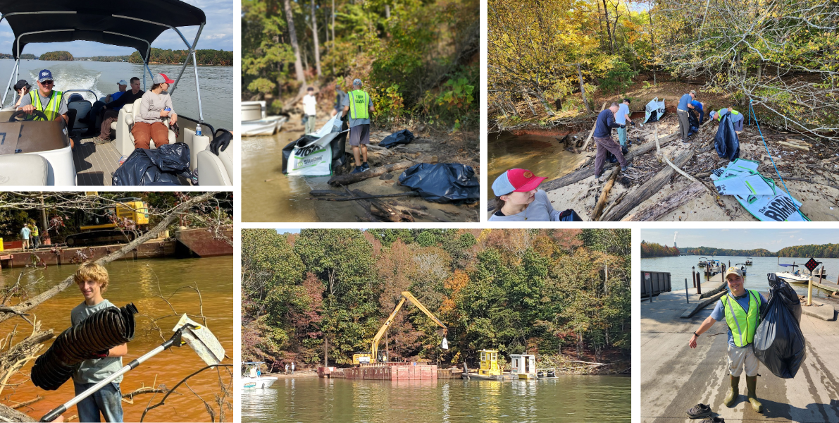 October 26, Hurricane Helene Cleanup Lake Norman, In response to the Hurricane Helene disaster, NCWF lake Norman Wildlife Conservationists Chapter organized a massive cleanup effort on Lake Norman. Over 70 volunteers and 10 boats removed nearly 20 tons of debris from the water and shorelines of the Lake Norman State Park Area with the help from a barge, excavator, dumpster bags and chainsaws. Two miles of shoreline were ridded of the countless threats to wildlife, habitat, water quality, and people!