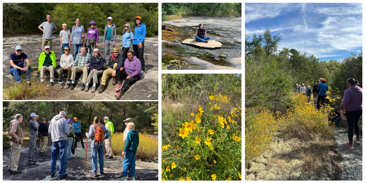 Mitchell Mill Nature Walk, Sept 28. The Neuse River Hawks watched their feet as they hiked atop the granite flatrocks of Mitchell Mill Natural Area. The rare plants and unique geological features replenished the chapter’s scientific curiosity.