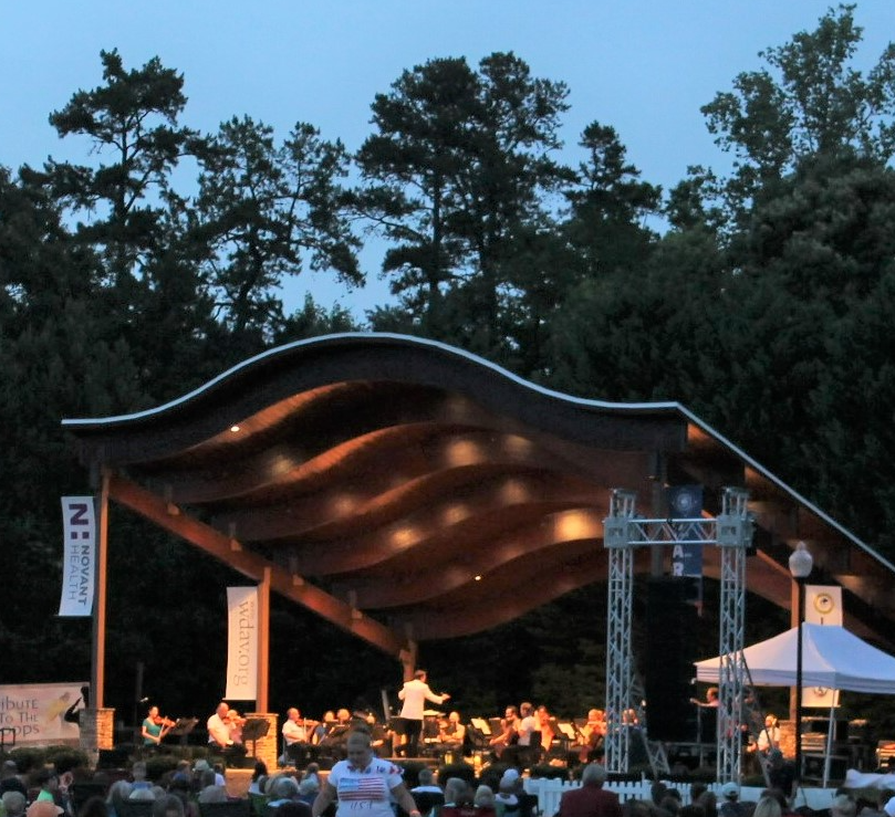 An orchestra on stage at Symphony in the Park 2020 at dusk.
