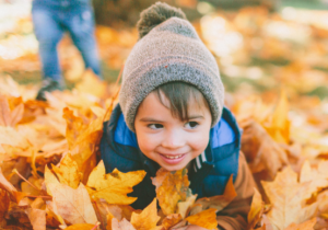 A boy smiles as he lays in a pile of fallen yellow and orange leaves.