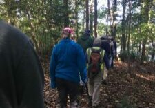 A group of people on a nature walk through the forest.