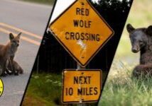 Photos: Red fox family (Vulpes vulpes) by Michael Burkhard, Red Wolf crossing sign on Pocosin Lakes National Wildlife Refuge, Black bear cub (Ursus americanus) by Ginger Barger
