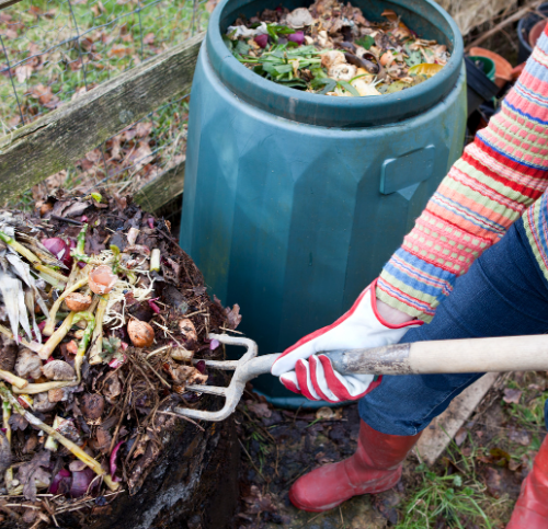Someone turning food waste into a compost bin with a pitchfork.